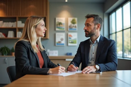 Femme en entretien avec conseiller bancaire en Bretagne