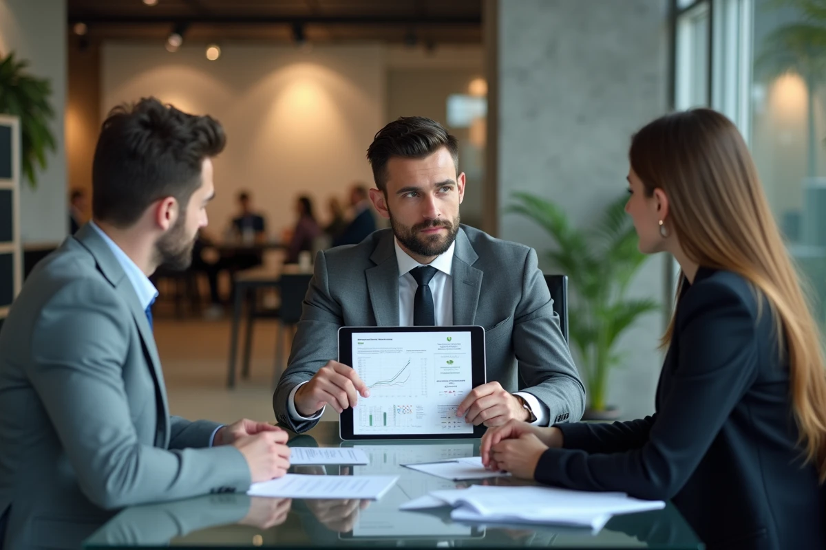 Conseiller bancaire présentant les taux de crédit immobilier et les villes attractives à un couple d'acheteurs