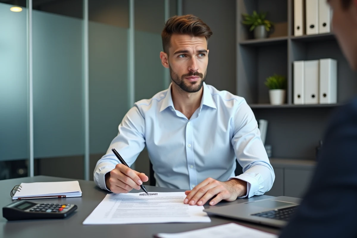 Conseiller financier présentant un dossier de surendettement et les impacts d'un avis Intrum à son client