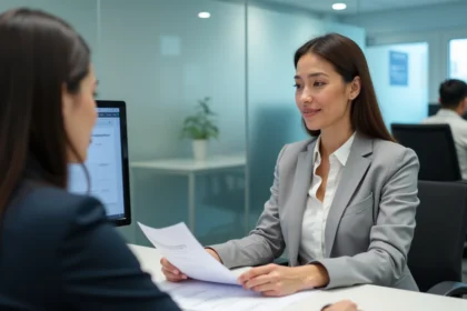 Une femme consulte un conseiller France Travail dans une agence pour l'emploi moderne en 2026