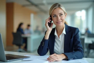 Conseillère service client Cofica Bail au téléphone dans un bureau moderne, traitant un dossier de LOA voiture