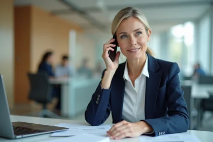 Conseillère service client Cofica Bail au téléphone dans un bureau moderne, traitant un dossier de LOA voiture