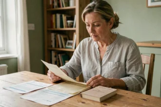 Femme consultant d'anciens relevés de Livret A et documents bancaires à une table en bois, illustrant la conservation des archives financières