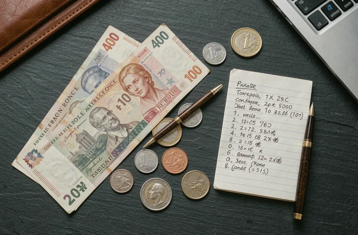 Vue de dessus de billets de francs et de pièces en euros disposés sur une ardoise avec un carnet de conversion manuscrit