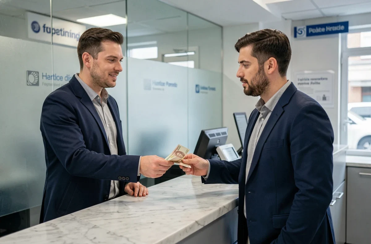 Homme remettant des billets de francs français à un guichetier de banque pour conversion en euros