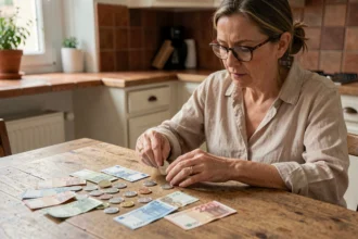 Femme examinant des francs français et des billets en euros sur une table de cuisine en bois pour une conversion monétaire