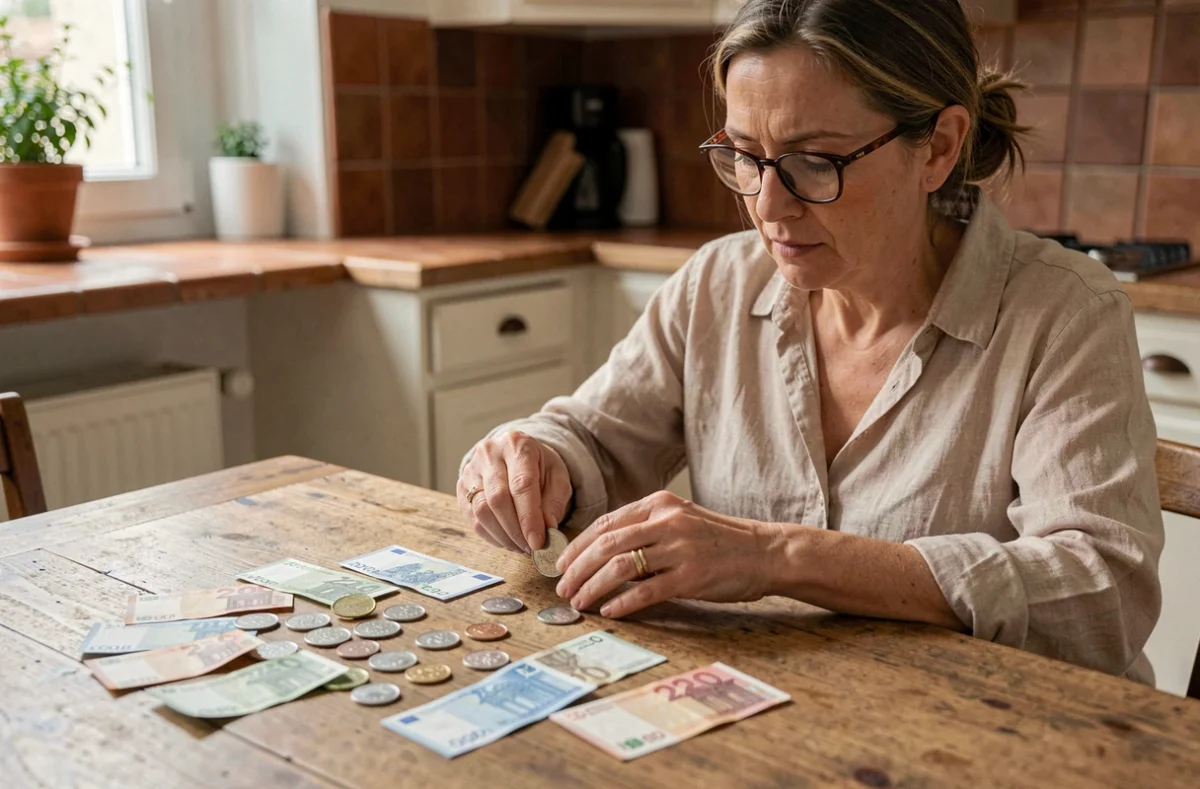 Femme examinant des francs français et des billets en euros sur une table de cuisine en bois pour une conversion monétaire