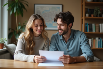 Jeune couple étudiant un document de mortgage dans un salon chaleureux