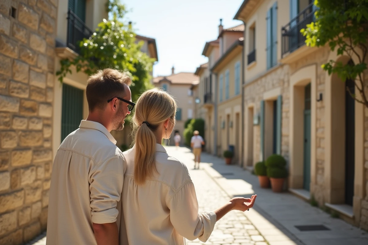 Couple visitant un bien immobilier à vendre dans une ville de province française attractive pour l'achat malgré la hausse des taux