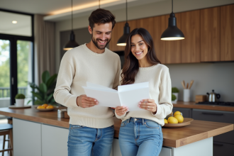 Jeune couple souriant dans un appartement moderne