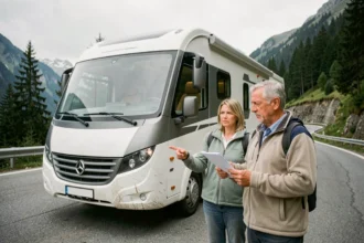 Couple de quinquagénaires examinant les documents d'assurance de leur camping-car garé sur une route de montagne