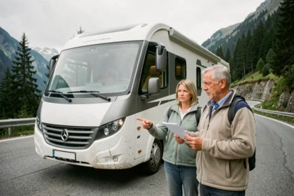 Couple de quinquagénaires examinant les documents d'assurance de leur camping-car garé sur une route de montagne
