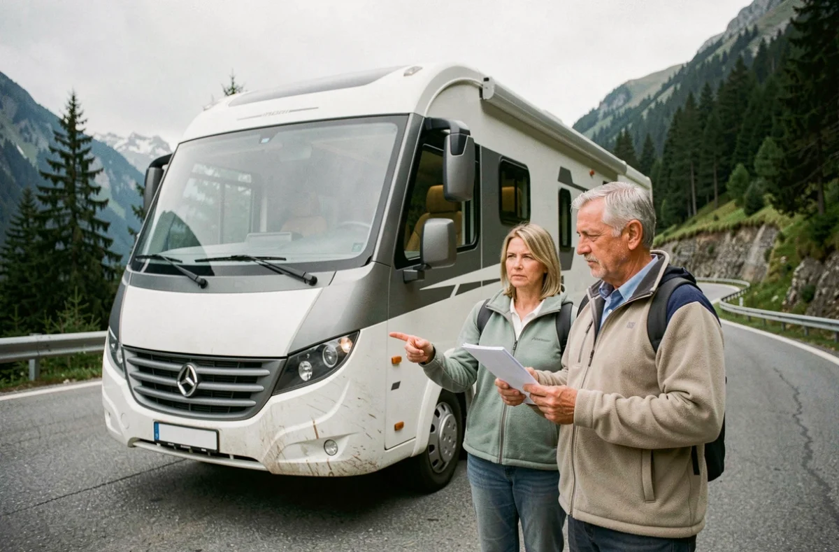 Couple de quinquagénaires examinant les documents d'assurance de leur camping-car garé sur une route de montagne