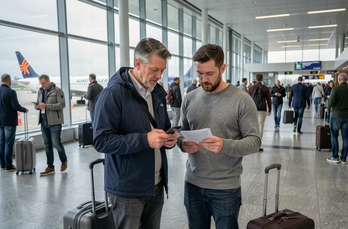 Couple consultant des documents d'assurance voyage sur smartphone dans un terminal d'aéroport international