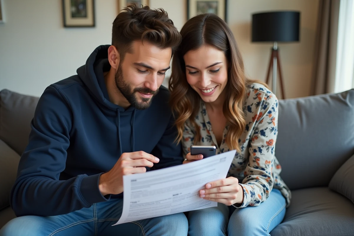 Couple examinant leur bail locatif et l'application CAF pour optimiser leur demande d'APL