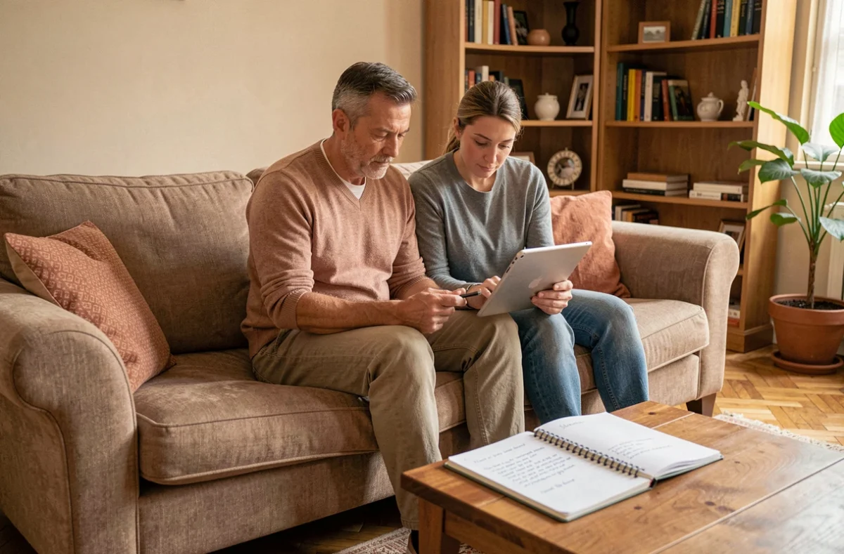 Couple examinant ensemble leur budget familial et leur prime de pouvoir d'achat PPV 2026 sur tablette dans leur salon