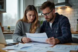 Couple canadien examinant leurs factures et leur budget mensuel à la table de cuisine