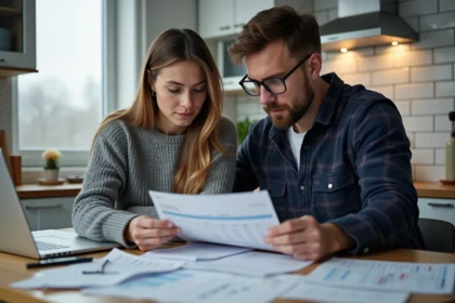 Couple canadien examinant leurs factures et leur budget mensuel à la table de cuisine