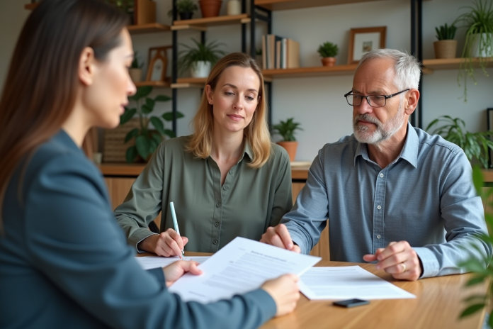 couple-contrats-hypotheque Couple discutant avec une banquière pour un prêt immobilier