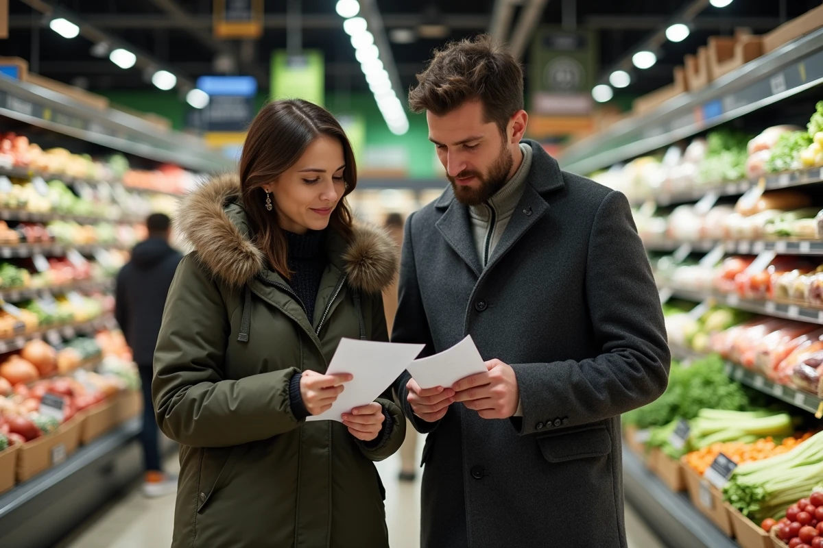 Couple faisant leurs courses dans un supermarché canadien en comparant les prix des aliments