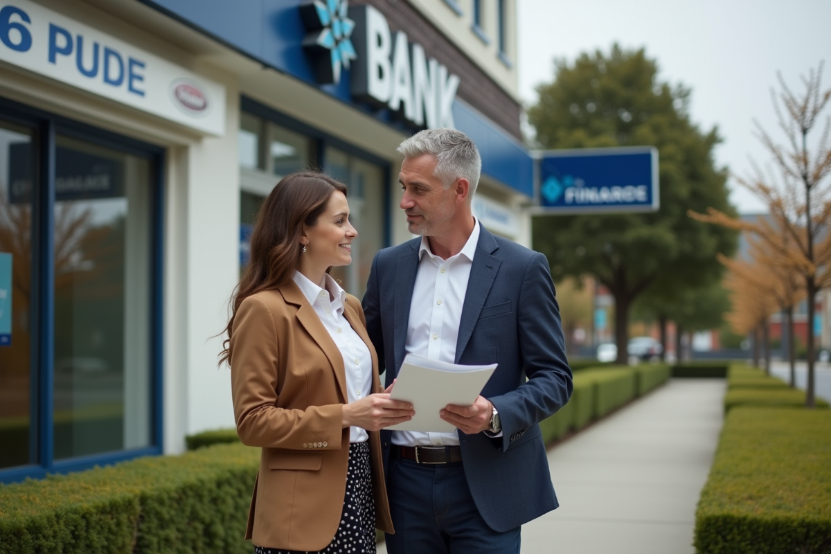 Couple discutant d un document devant une banque