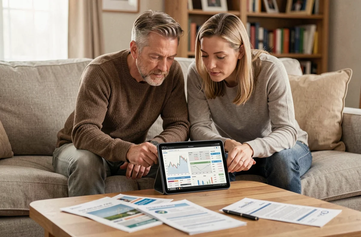 Couple examinant ensemble un dossier de crédit immobilier et les options d'épargne sur livret