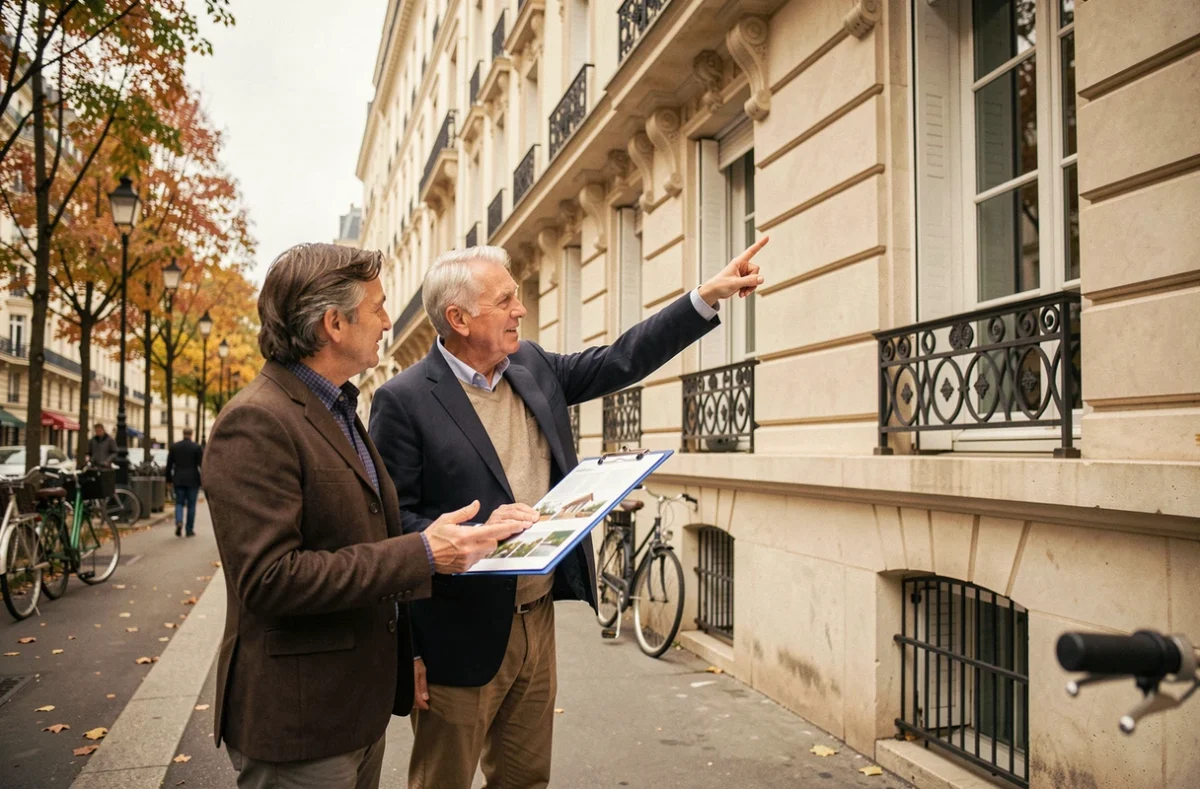 Couple d'épargnants examinant un immeuble parisien dans le cadre d'un investissement SCPI Rivoli Avenir Patrimoine