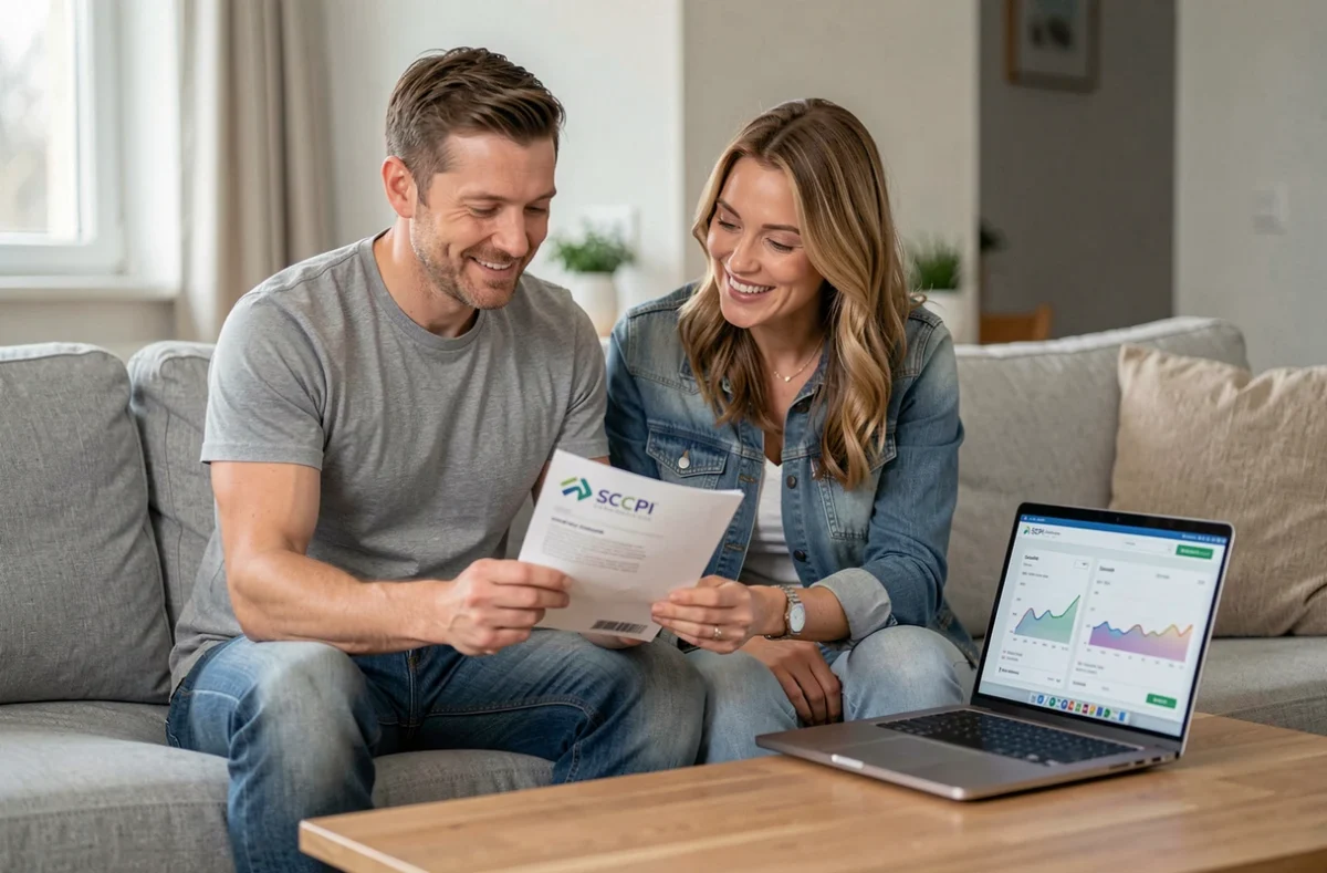 Un couple étudie ensemble les possibilités d'autofinancement de parts de SCPI dans leur salon