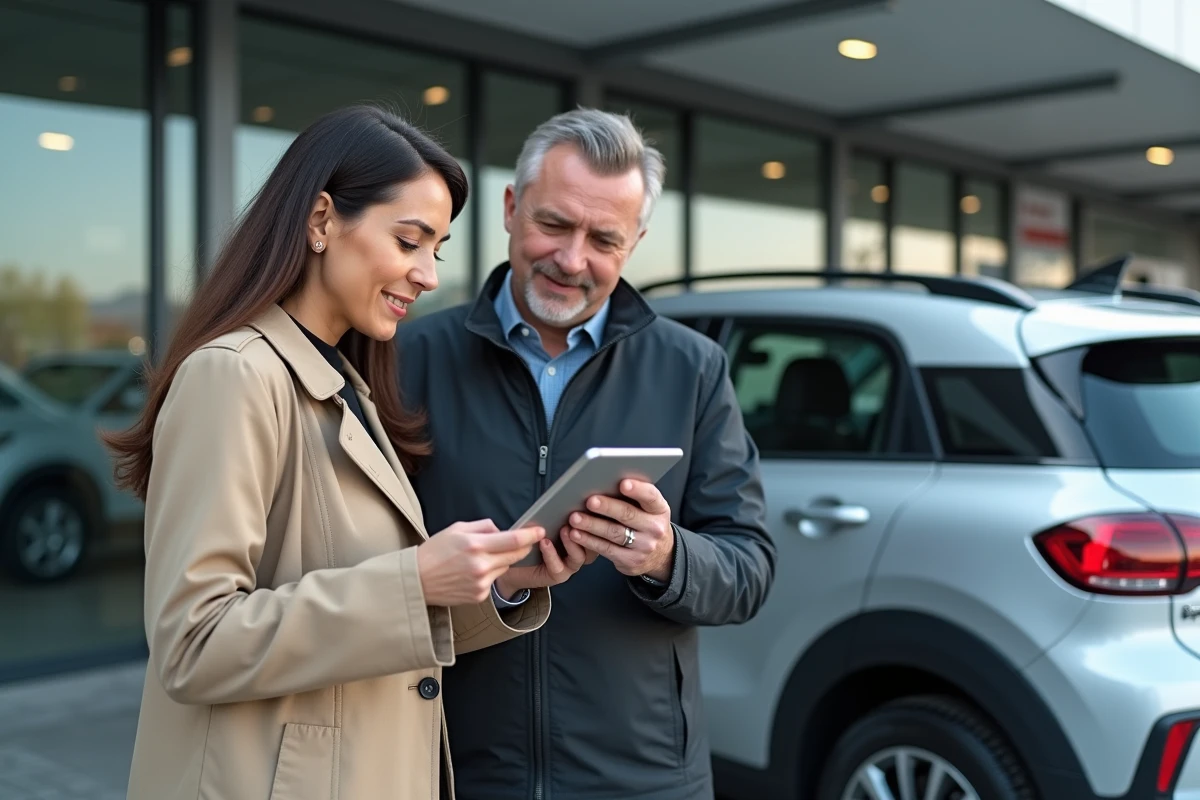 Couple examinant une offre de LOA voiture sur tablette devant un SUV chez un concessionnaire, droits consommateurs 2026