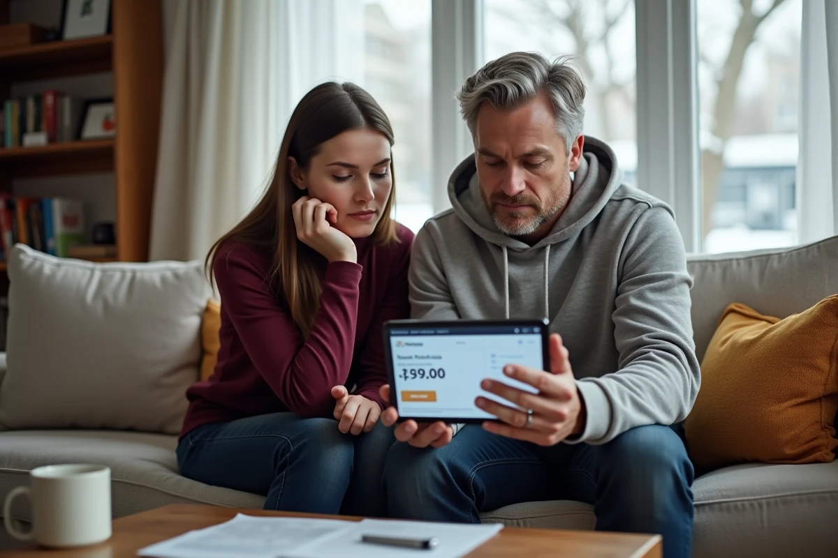 Couple consultant des annonces immobilières sur une tablette dans leur appartement canadien
