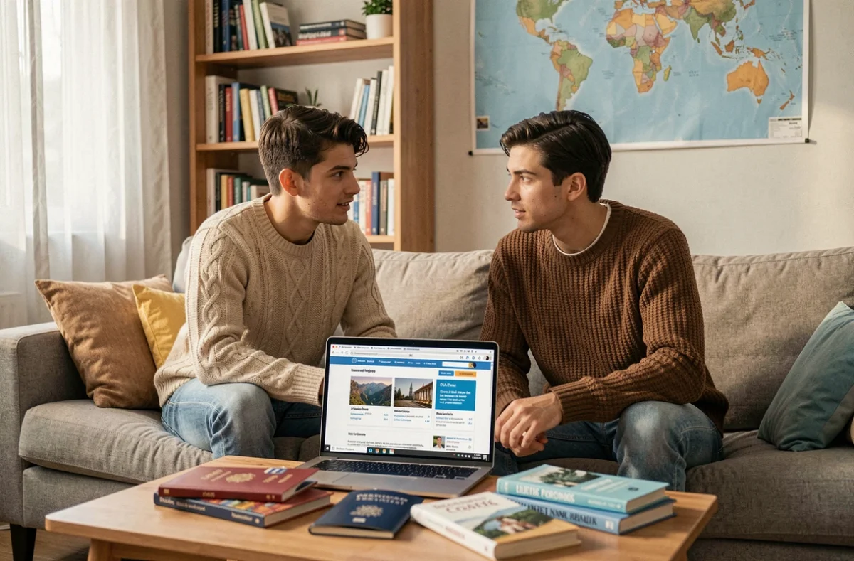 Couple planifiant leur assurance voyage ensemble sur un ordinateur portable avant un long séjour à l'étranger