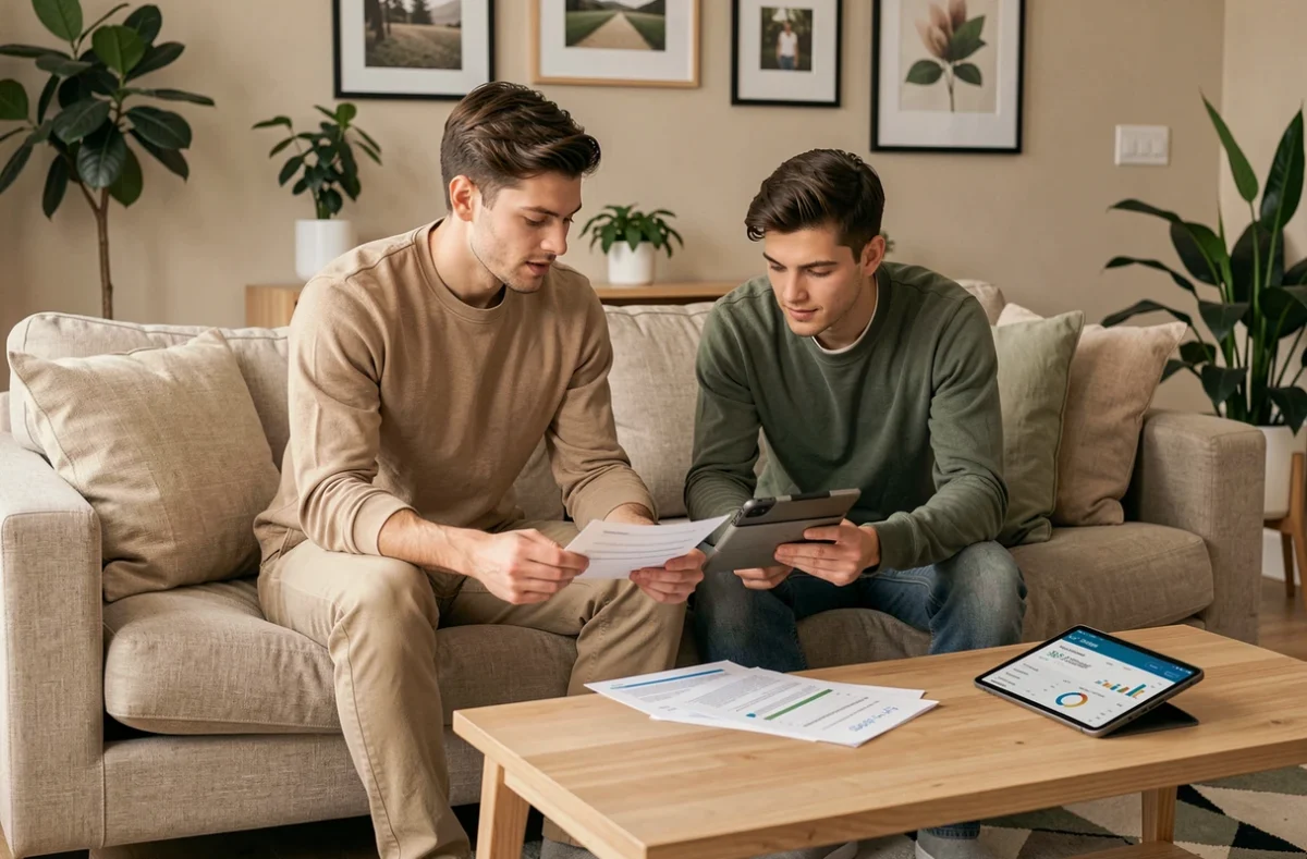 Couple planifiant ensemble leur épargne de précaution avec des documents financiers et une tablette dans leur salon