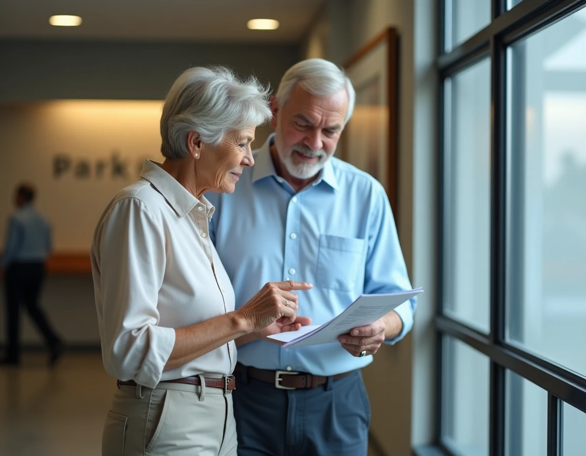 Couple de retraités consultant un relevé de pension dans un bureau administratif, évoquant les démarches liées à la revalorisation des retraites face à l'inflation