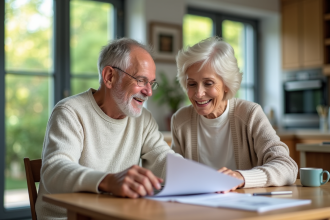 Couple senior souriant dans la cuisine lumineuse