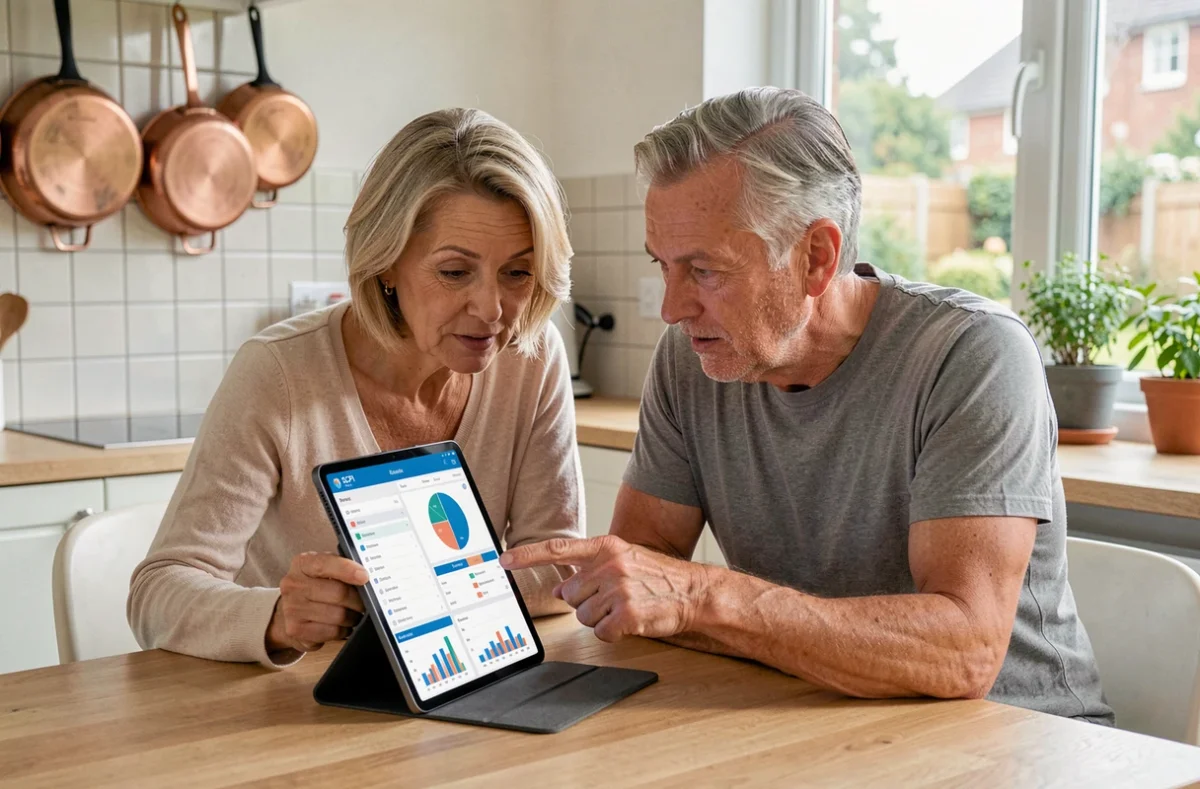 Un couple de seniors consulte leur portefeuille de SCPI en viager sur une tablette dans leur cuisine