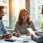 Couple souriant signant un contrat avec un conseiller financier