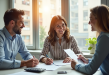 Couple souriant signant un contrat avec un conseiller financier