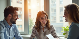Couple souriant signant un contrat avec un conseiller financier