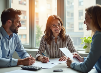 Couple souriant signant un contrat avec un conseiller financier