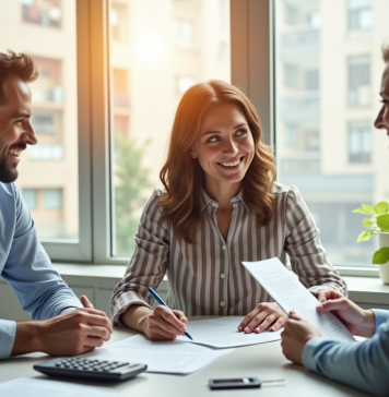 Frais de notaire : Comment obtenir le financement adéquat ? Couple souriant signant un contrat avec un conseiller financier