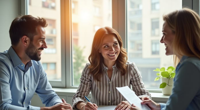 Couple souriant signant un contrat avec un conseiller financier