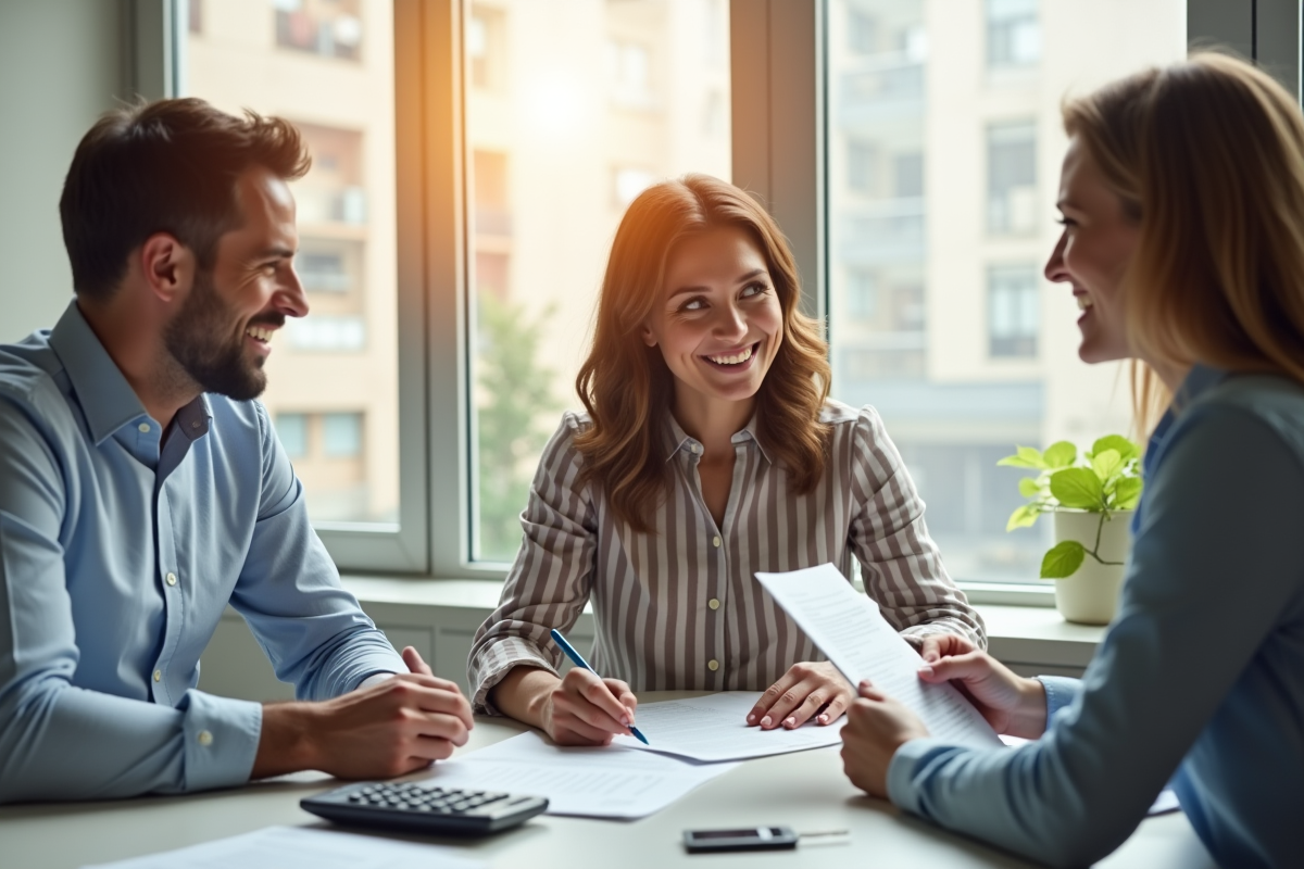Couple souriant signant un contrat avec un conseiller financier