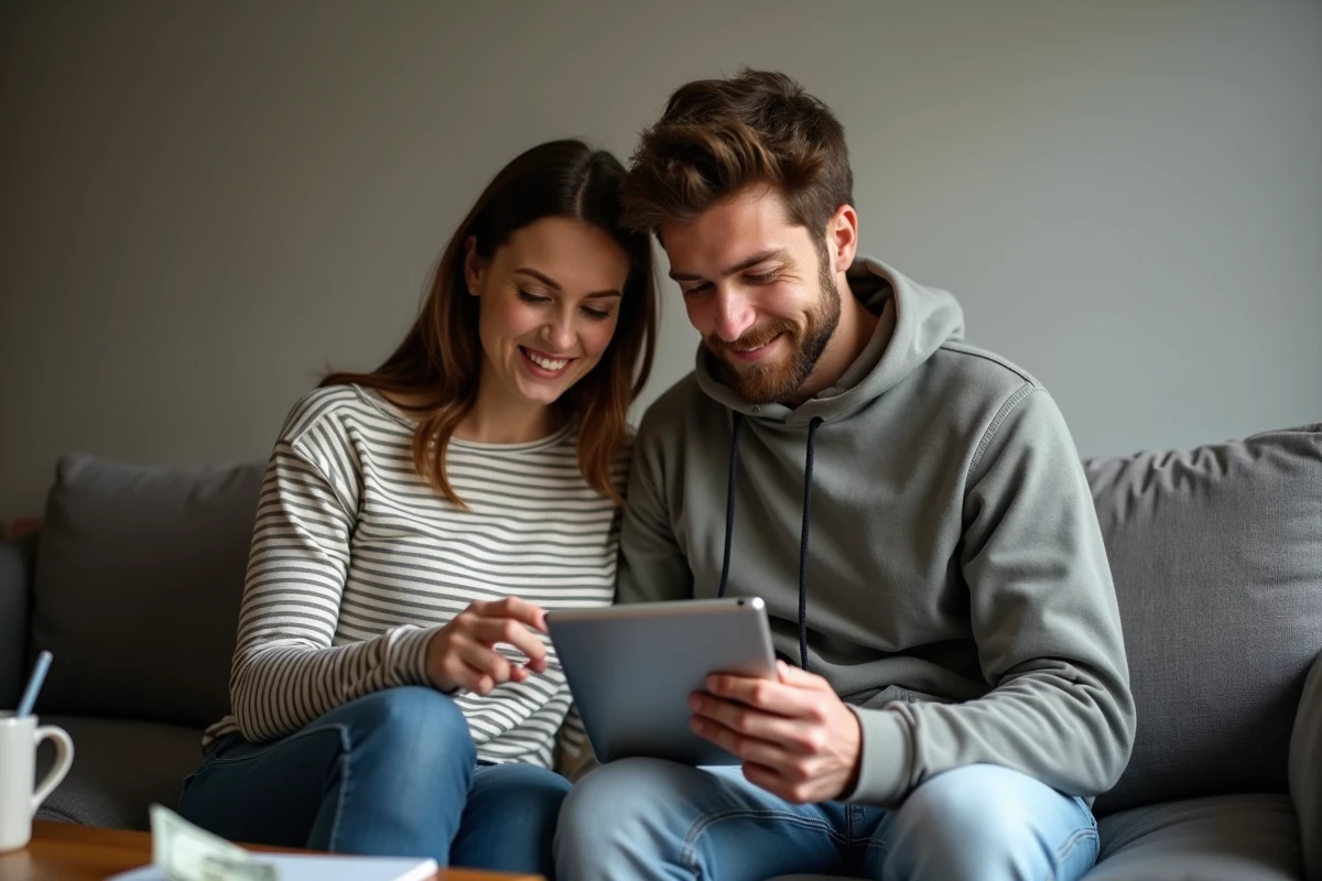 Couple calculant ensemble leur éligibilité à la prime d'activité sur une tablette dans leur salon