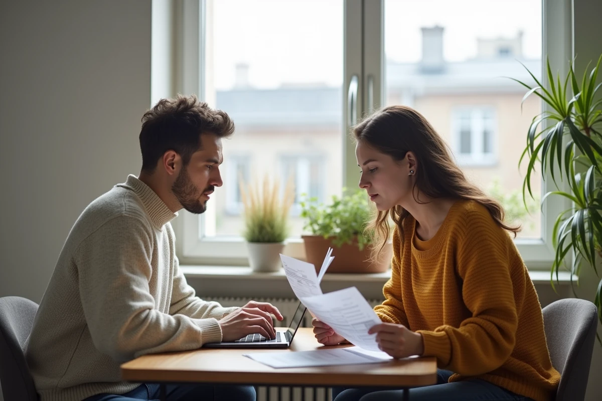 Jeune couple regardant leur ordinateur et documents fiscaux