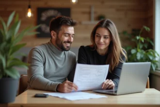 Un couple en réunion de travail dans un appartement suisse
