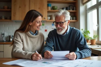 Couple d'âge moyen discutant de travaux dans la cuisine