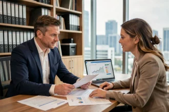 Courtier en assurance décennale conseillant une cliente professionnelle dans un bureau moderne avec des documents d'assurance sur le bureau