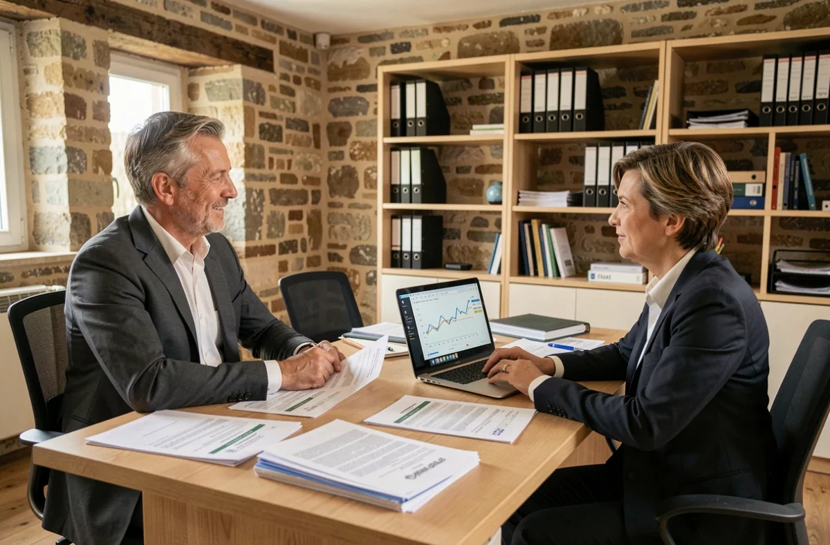 Un conseiller en crédit immobilier reçoit un couple dans un bureau moderne en Aveyron pour discuter de leur projet immobilier