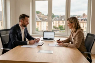 Un courtier en crédit immobilier conseille un client dans un bureau moderne de l'Yonne, documents et graphiques immobiliers posés sur la table