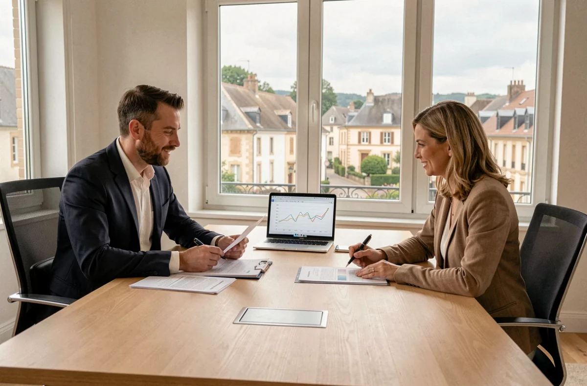 Un courtier en crédit immobilier conseille un client dans un bureau moderne de l'Yonne, documents et graphiques immobiliers posés sur la table